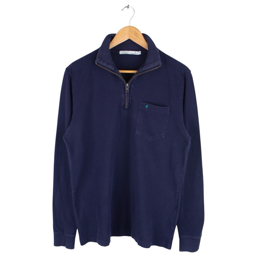 Criquet Quarter Zip Pullover Sweatshirt Organic Cotton Navy Pocket Men's Medium